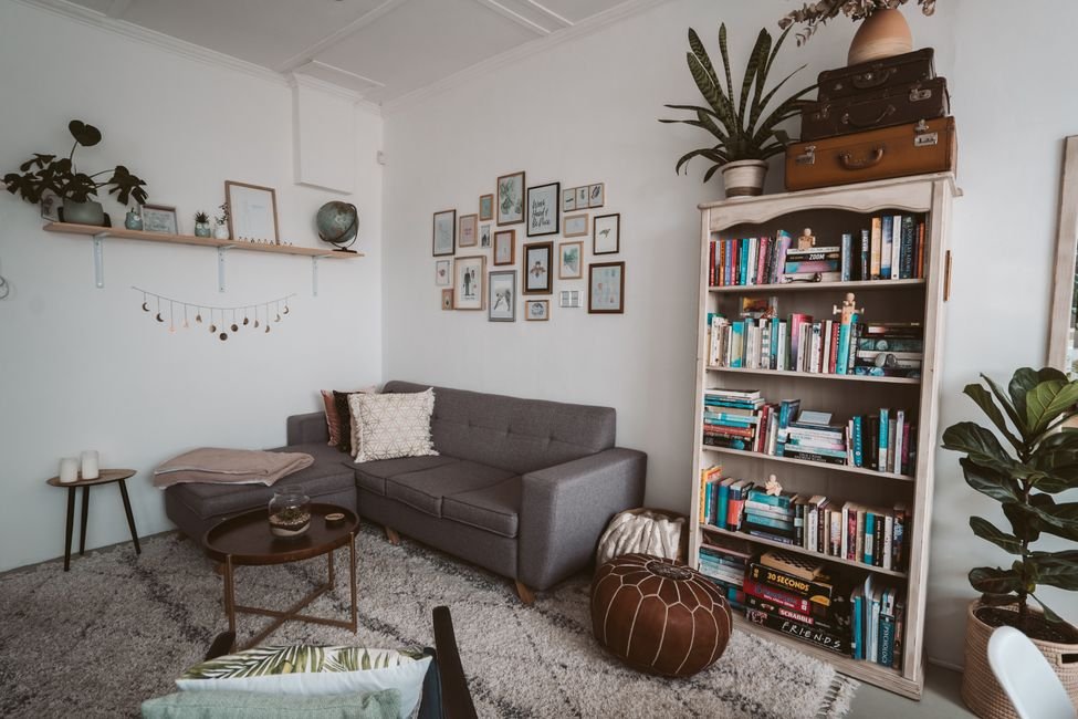 10 Cozy Living Room Ideas on a Budget Cozy living room with gray sofa, gallery wall, bookshelf, and plants styled on a budget